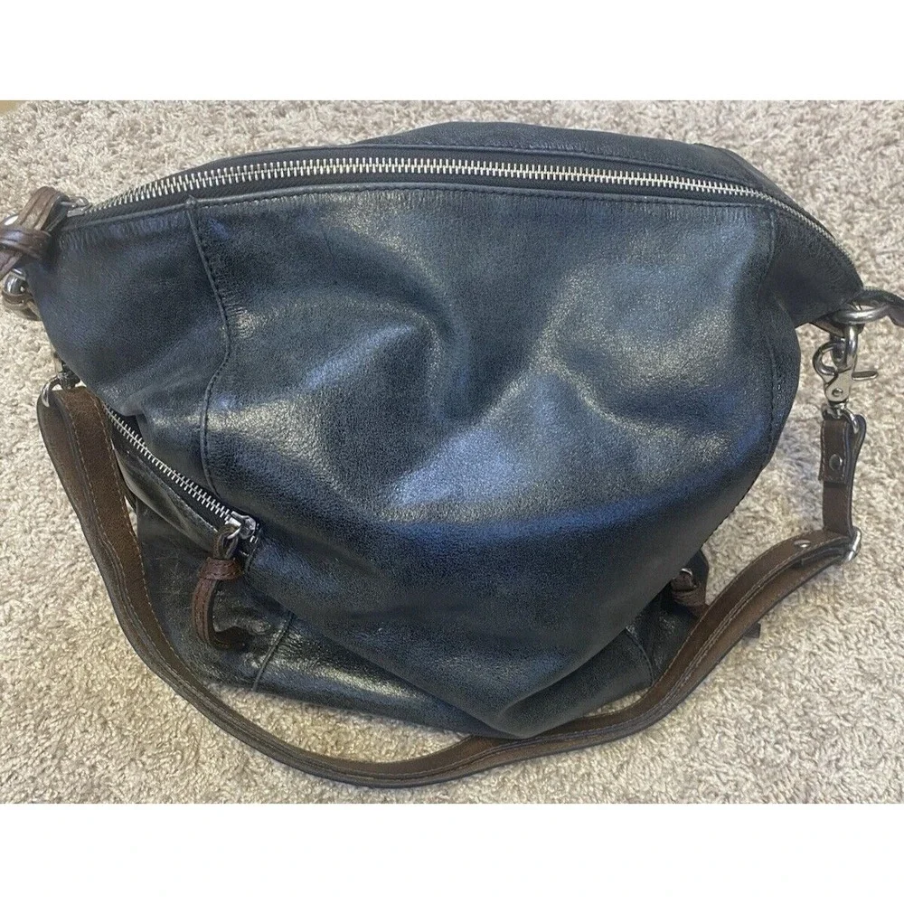 Tano Black Distressed Leather Slouchy Hobo Bag with Outter Zip pockets